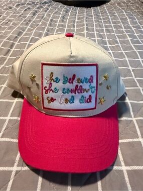 “She Believed She Could So She Did” Baseball Cap – Beige & Pink